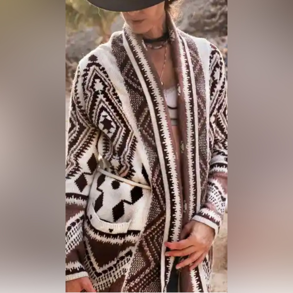 LOVESTITCH Cardigan Sweater - Aztec Print, Brown Tones.